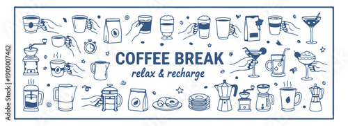Coffee Break Relax Recharge Cafe Doodle Set, Espresso Latte Hand Drawn Vector Clipart, Bakery Pastry Sketch Illustration Collection, Coffee Shop Menu Design Pack, Morning Routine Line Art Elements, Bl