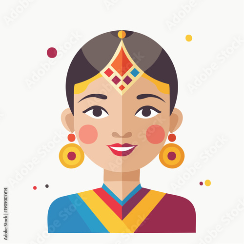 Illustration of a smiling woman wearing traditional Indian headpiece and jewelry