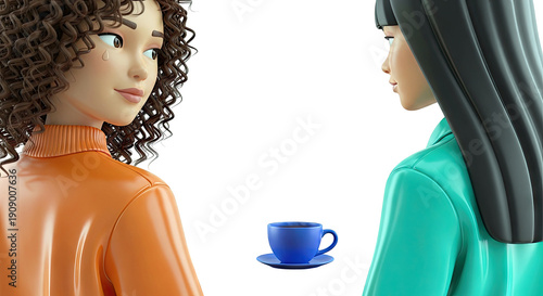 Two 3D animated women with a cup of coffee