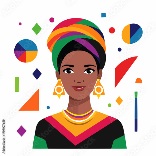 Vibrant illustration of a woman wearing colorful headwrap and jewelry surrounded by geometric shapes