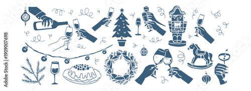 Christmas Tree Winter Holiday Decoration Doodle Set, Festive Season Hand Drawn Vector Clipart, Snow Owl Bird Illustration Collection, Xmas Ornament Sketch Design Pack, Holiday Celebration Line Art Ele