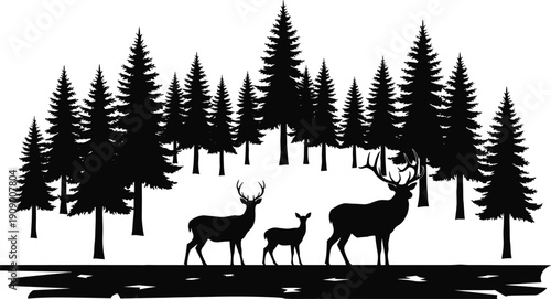 Deer family silhouette in pine forest landscape, stag doe and fawn wildlife scene isolated black vector illustration