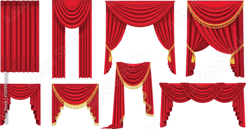 Collection of elegant red stage curtains and drapes with gold trim.