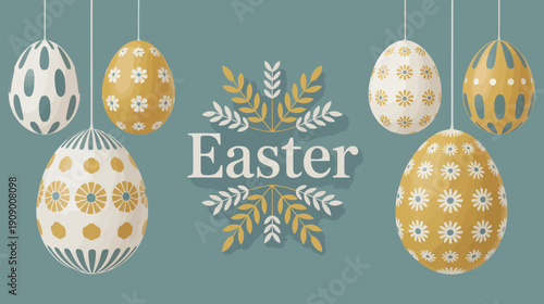 Easter greeting design with hanging decorative eggs and floral ornaments