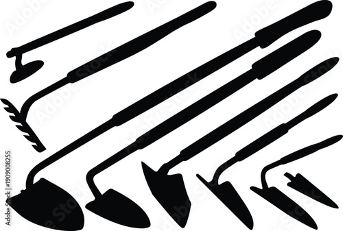 Gardening tool silhouettes arranged diagonally, isolated black outline design featuring hoes, spades, and trowels for education, catalogs, logos, and creative stock photography projects