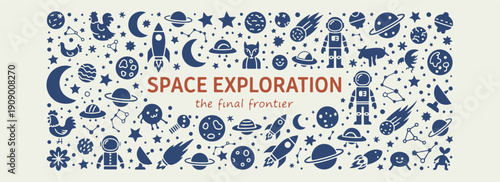 Space Exploration Final Frontier Doodle Set, Cosmos Galaxy Hand Drawn Vector Clipart, Rocket Planet Star Illustration Collection, Astronaut Universe Sketch Design Pack, Celestial Moon Line Art Element