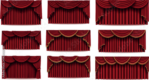Collection of Red Stage Curtains with Gold Trim and Drapes.