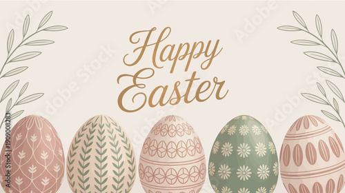 Happy easter greeting card with five decorative eggs and leaves on a light background