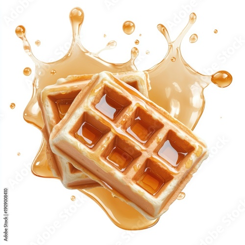 A set of waffles with a maple syrup splash, isolated on a white background. Top view.