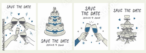 Save The Date Wedding Cake Invitation Doodle Set, Marriage Ceremony Hand Drawn Vector Clipart, Bride Groom Toast Illustration Collection, Wedding Day Sketch Design Pack, Engagement Celebration Line Ar