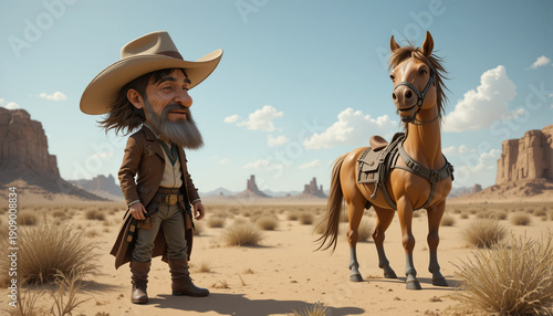 A caricature cowboy stand in the desert next to a caricature laughing horse.