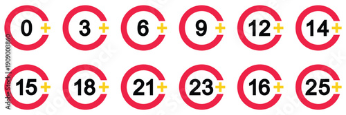 Age limit concept icons. set of signs age restriction. Set of adult icons over 0+, 18+, 21+, 23+ years old black and red circle. Vector illustration.