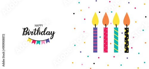 Birthday cake candles. Small wax sticks with burning wick on white background. Cute greeting card. Poster.