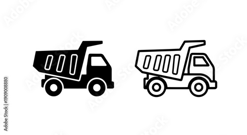 Tipper truck icons, solid black and outline, for construction materials and transport