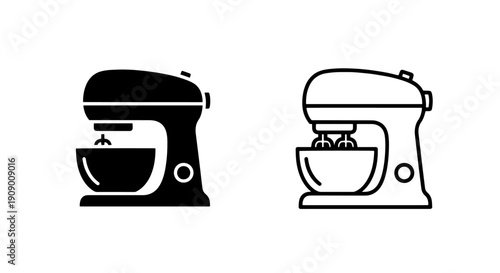 Stand mixer icons, solid black and outline, for baking, cooking, and kitchen appliances