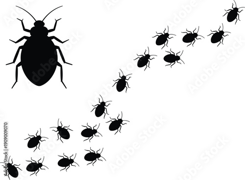 Fotografie Silhouette illustration of large beetle leading smaller insects in diagonal trail, symbolizing leadership, hierarchy, teamwork, and group behavior, perfect for nature, science, and conceptual design