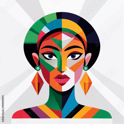 Stylized Mosaic Illustration of a Woman's Face with Geometric Shapes and Vibrant Colors