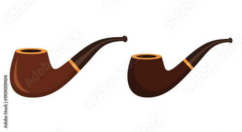 Two brown tobacco pipes with golden bands are displayed on a white background