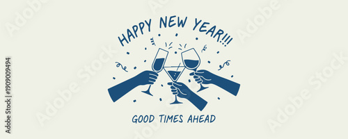 Happy New Year Fireworks Typography Art Set, Midnight Celebration Hand Drawn Vector Design, Party Countdown Lettering Clipart Collection, Festive Holiday Quote Illustration Pack, New Year Eve Banner D