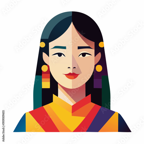 Stylized Digital Illustration of a Woman with Red Lipstick, Colored Hair Tassels, and Colorful Diagonal Striped Top in Front of Neutral Backdrop