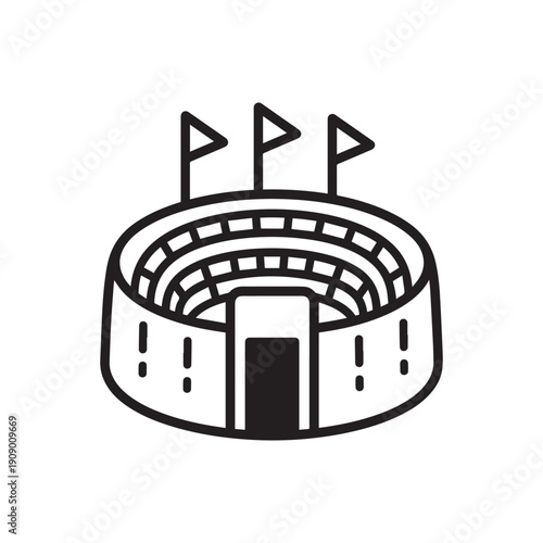  Sports Stadium Arena with Flags Black and White Vector Line Illustration.