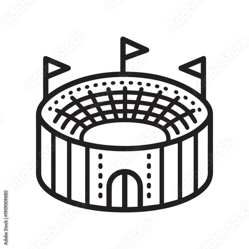  Sports Stadium Arena with Flags Black and White Vector Line Illustration.