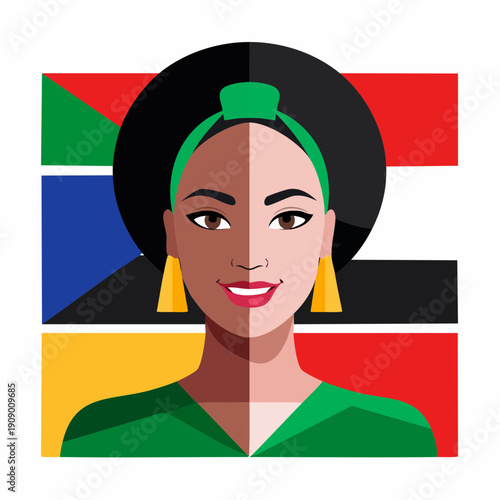 Digital Illustration of Confident South African Woman on Vibrant Flag Background