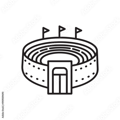  Sports Stadium Arena with Flags Black and White Vector Line Illustration.
