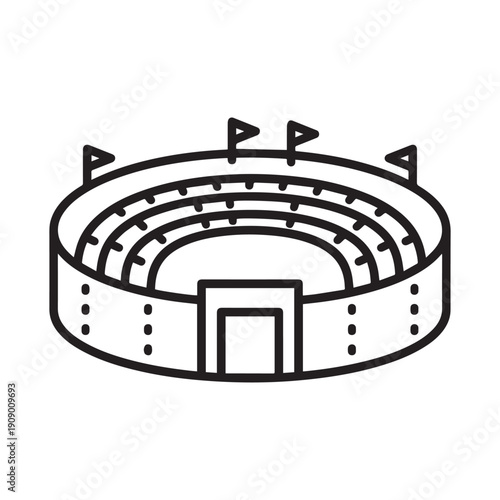  Sports Stadium Arena with Flags Black and White Vector Line Illustration.