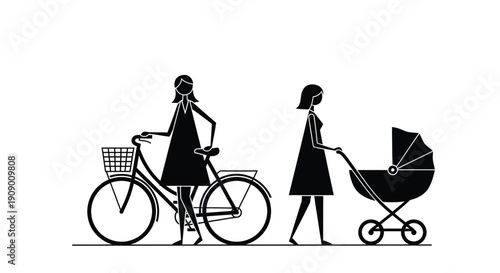 A woman pushing a stroller and another woman riding a bicycle in a park