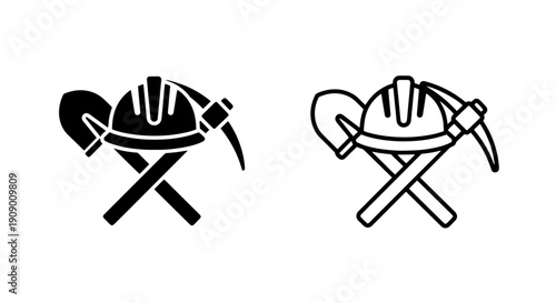Mining Tools Icon with Hard Hat Shovel and Pickaxe for Heavy Industry Work