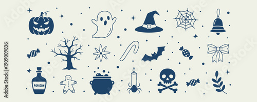 Halloween Ghost Witch Bat Spooky Doodle Set, Skull Spider Hand Drawn Vector Clipart, Haunted Night Illustration Collection, Trick Or Treat Sketch Design Pack, Horror Season Line Art Elements, Blue Ton