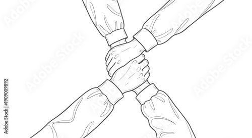 Four hands holding a single pen, creating a collaborative drawing.