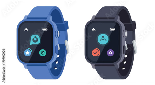 Two children s smartwatches displayed with different screen interfaces