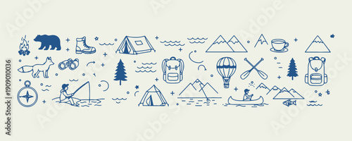 Camping Mountain Outdoor Adventure Doodle Set, Nature Tent Campfire Hand Drawn Vector Clipart, Hiking Trail Forest Illustration Collection, Wilderness Exploration Sketch Design Pack, Backpacking Trip 