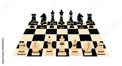 A chessboard with arranged chess pieces in a strategic illustrative composition