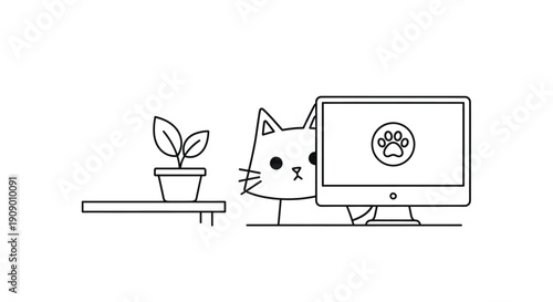 A curious cat is looking at a computer screen displaying a plant logo.