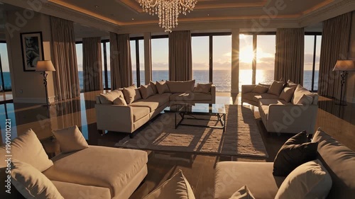 Luxurious living room with modern sofa, large window, ocean view, sunset, chandelier, elegant spacious contemporary style, beige sofa, glass table