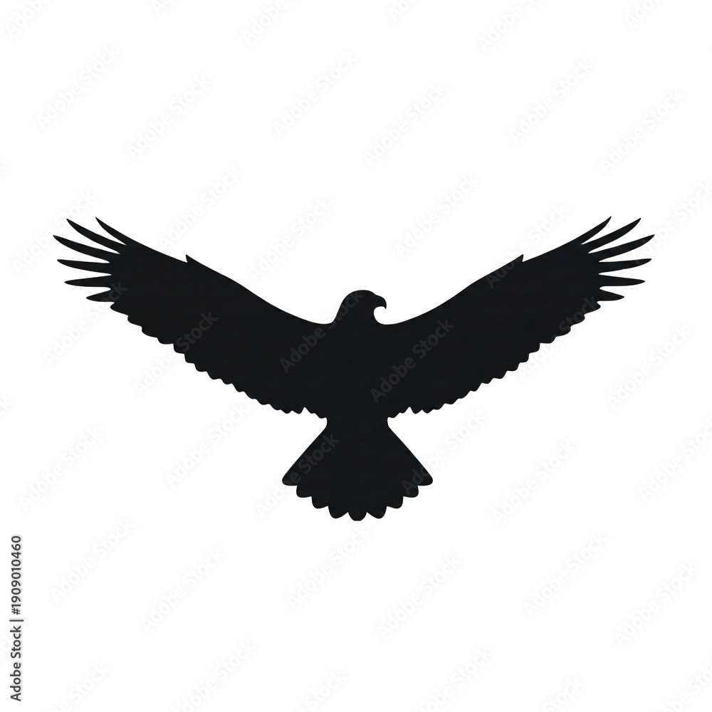 Fototapeta premium Black vector silhouette illustration of a wild eagle in flight with open wings against a white background for nature logo design
