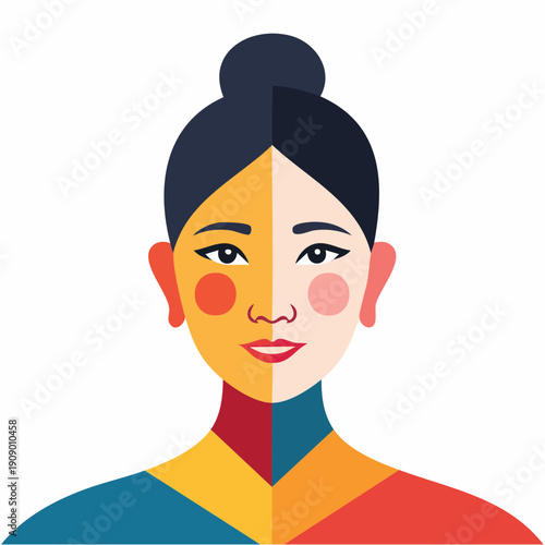 A forward facing woman with a split face and upper body in a graphic illustration showcasing vibrant colors and bold design elements