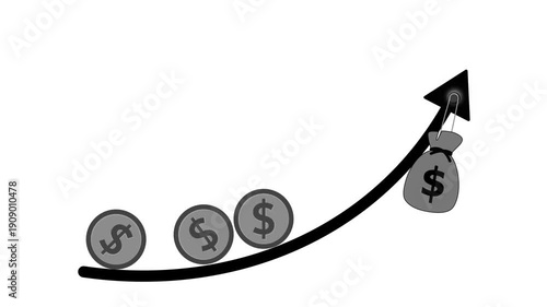Upward financial growth arrow with coins animation, Arrow graph with three gold coins and a money bag animated