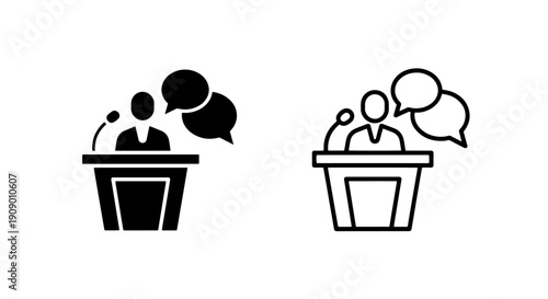 Speaker at Podium Icon with Speech Bubbles for Public Speaking and Presentation