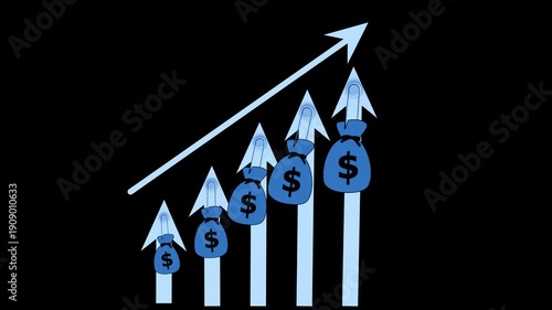 Upward financial growth chart animation, Stylized growth chart with five ascending bars and arrows