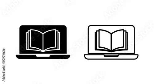 E-learning and digital library icon with open book on laptop screen for education