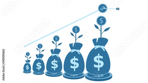 Growing money bags with upward trend animation, Money bags growing like plants on coins, increasing in size with coins and upward trend line