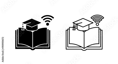 Wireless online education icon with graduation cap book and wifi signal symbol