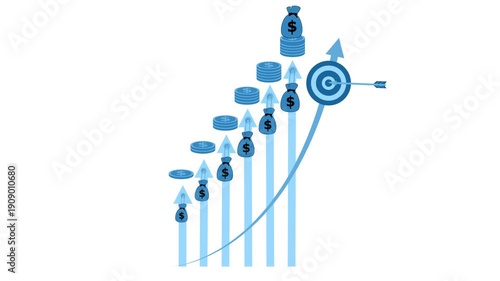 Financial growth chart with coins and arrows animation, Stylized financial growth chart with ascending bars and upward arrows