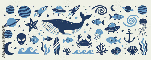 Ocean Sea Life Whale Fish Blue Doodle Set, Marine Underwater Hand Drawn Vector Clipart, Deep Sea Creature Illustration Collection, Nautical Aquatic Sketch Design Pack, Coral Reef Line Art Elements, Bl