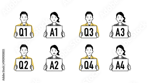 質問する作業着の中年男性と回答するエキスパート、Q&Aボードを持つ人物アイコンセット