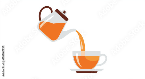 Pouring tea from a glass teapot into a cup with saucer